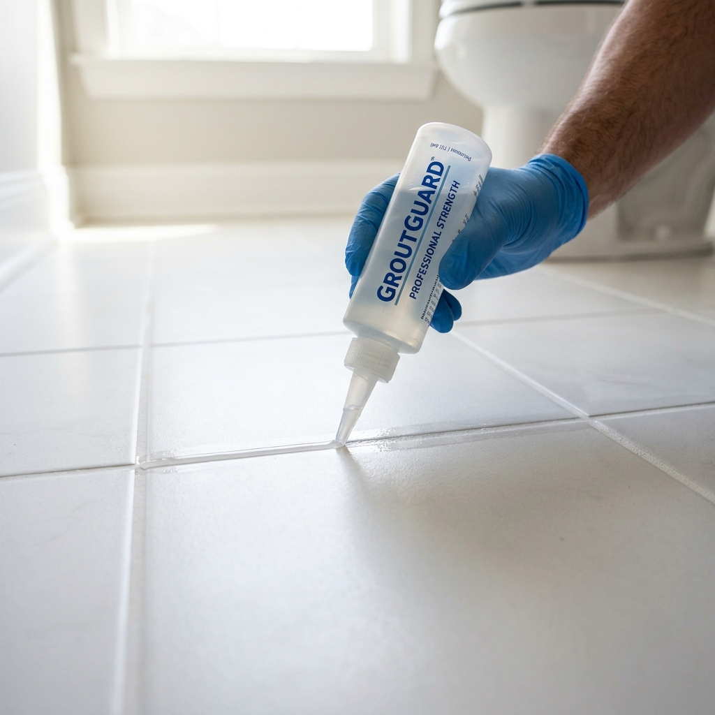Clear grout sealer being applied to protect tile grout lines
