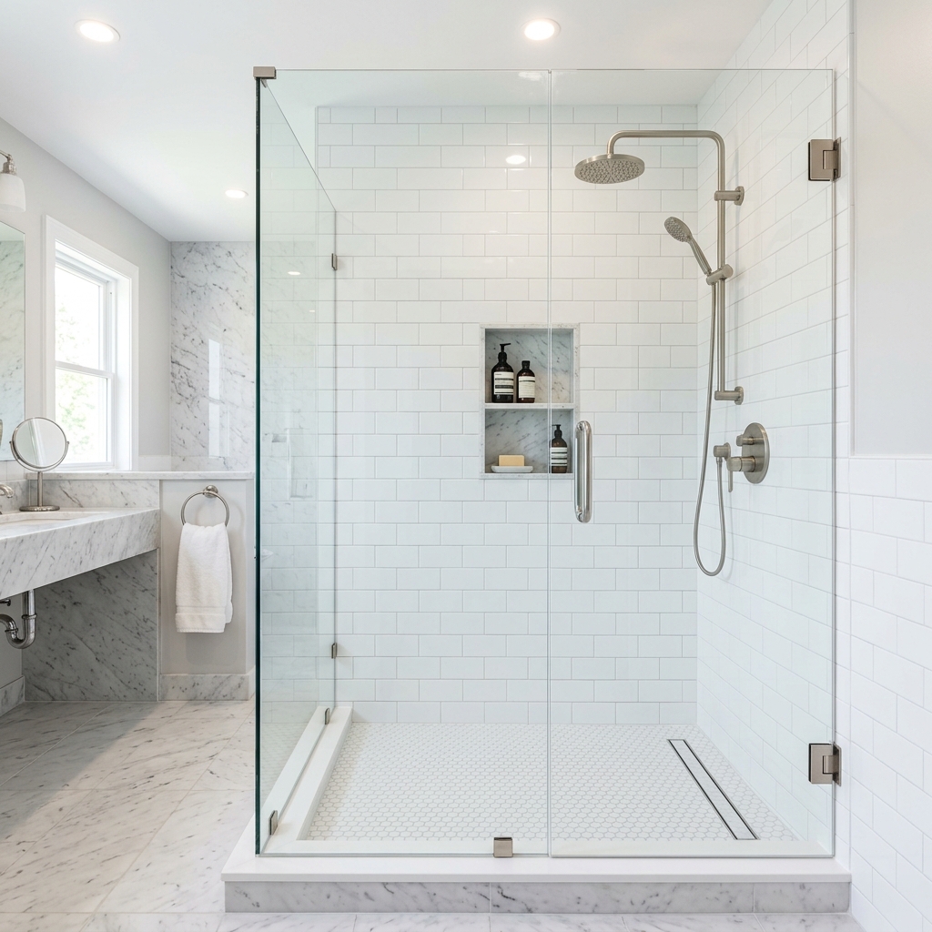 Beautifully restored shower with pristine white tile and clean grout