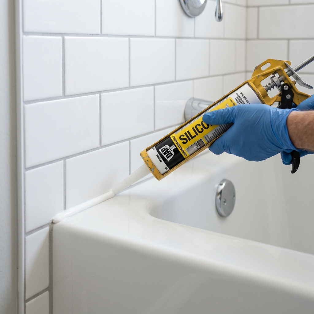 Professional silicone caulking being applied to a bathtub tile junction