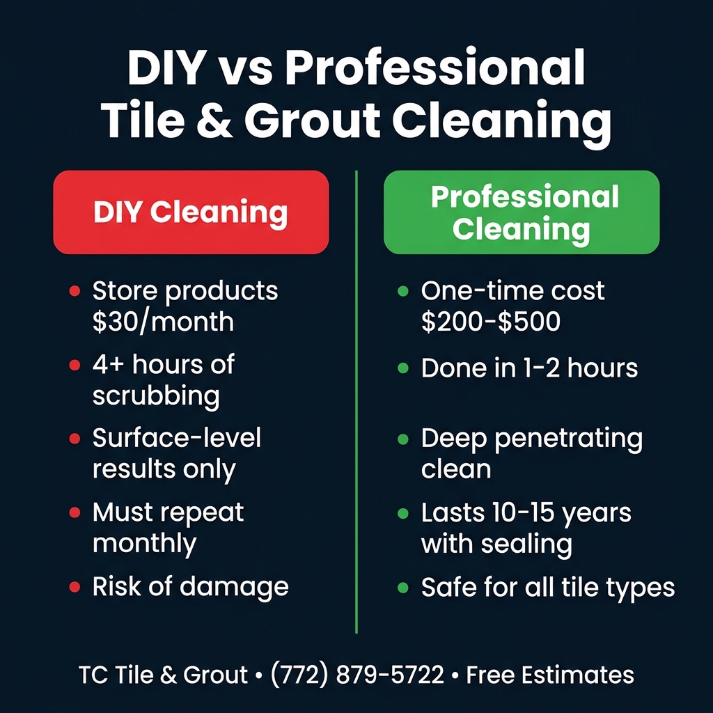 DIY vs Professional Tile and Grout Cleaning comparison showing cost, time, and results differences